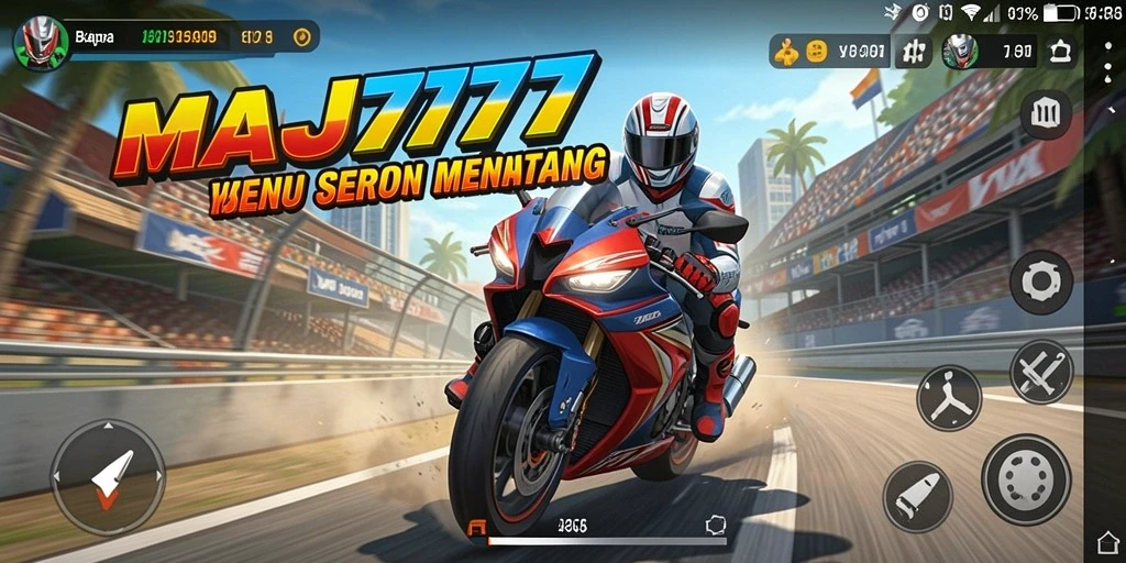 Tampilan gameplay <strong>MAJ777</strong> yang mendebarkan dengan motor balap di lintasan.